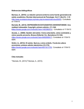 7
Referencias bibliográficas
Barraza, A., (2010); La relación persona-entorno como fuente generadora de
estrés académico. Revista Internacional de Psicología, Vol.11 (No.01), 1-10
(http://www.revistapsicologia.org/index.php/revista/article/view/59/56) Consultada
el 17/04/15
Barrada, M., (2014); DEPRESIÓN EN ESTUDIANTES UNIVERSITARIOS: Una
realidad indeseable. Copyright, primera edición, (11-144)
(https://books.google.com.mx/books?isbn=146338047X) Consultada el 17 /04/15
Acosta, J., (2008); Gestión del estrés: Cómo entenderlo, cómo controlarlo y
cómo sacarle provecho. Bresca Editorial, S.L. Barcelona (13-144)
(https://books.google.com.mx/books?isbn=8492956917) Consultada el 17/04/15
ISBN
Ordini, A., (2012); El estrés: Qué es y cómo evitarlo. Fondo de cultura
económica, primera edición electrónica (15-172)
(https://books.google.com.mx/books?isbn=6071611776) Consultada el 17/04/15
ISBN
Citas textuales
1 Barrada, M., (2014).2 Barraza, A., (2010).
 