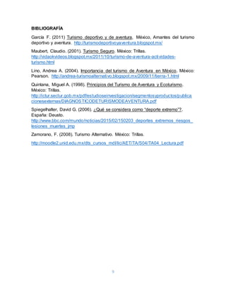 9
BIBLIOGRAFÍA
García F. (2011) Turismo deportivo y de aventura, México, Amantes del turismo
deportivo y aventura. http://turismodeportivoyaventura.blogspot.mx/
Maubert, Claudio. (2001). Turismo Seguro. México: Trillas.
http://vidaokvideos.blogspot.mx/2011/10/turismo-de-aventura-actividades-
turismo.html
Lino, Andrea A. (2004). Importancia del turismo de Aventura en México. México:
Pearson. http://andrea-turismoalternativo.blogspot.mx/2009/11/tierra-1.html
Quintana, Miguel A. (1998). Principios del Turismo de Aventura y Ecoturismo.
México: Trillas.
http://ictur.sectur.gob.mx/pdf/estudioseinvestigacion/segmentosyproductos/publica
cionesexternas/DIAGNOSTICODETURISMODEAVENTURA.pdf
Spiegelhalter, David G. (2006). ¿Qué se considera como “deporte extremo”?.
España: Deusto.
http://www.bbc.com/mundo/noticias/2015/02/150203_deportes_extremos_riesgos_
lesiones_muertes_jmp
Zamorano, F. (2008). Turismo Alternativo. México: Trillas.
http://moodle2.unid.edu.mx/dts_cursos_mdl/lic/AET/TA/S04/TA04_Lectura.pdf
 