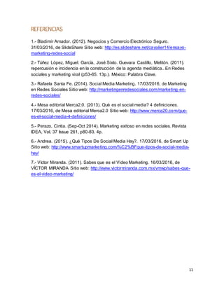 11
REFERENCIAS
1.- Bladimir Amador. (2012). Negocios y Comercio Electrónico Seguro.
31/03/2016, de SlideShare Sitio web: http://es.slideshare.net/cavalier14/ensayo-
marketing-redes-social
2.- Túñez López, Miguel. García, José Sixto. Guevara Castillo, Melitón. (2011).
repercusión e incidencia en la construcción de la agenda mediática.. En Redes
sociales y marketing viral (p53-65. 13p.). México: Palabra Clave.
3.- Rafaela Santa Fe. (2014). Social Media Marketing. 17/03/2016, de Marketing
en Redes Sociales Sitio web: http://marketingenredesociales.com/marketing-en-
redes-sociales/
4.- Mesa editorial Merca2.0. (2013). Qué es el social media? 4 definiciones.
17/03/2016, de Mesa editorial Merca2.0 Sitio web: http://www.merca20.com/que-
es-el-social-media-4-definiciones/
5.- Perazo, Cintia. (Sep-Oct 2014). Marketing exitoso en redes sociales. Revista
IDEA, Vol. 37 Issue 261, p80-83. 4p.
6.- Andrea. (2015). ¿Qué Tipos De Social Media Hay?. 17/03/2016, de Smart Up
Sitio web: http://www.smartupmarketing.com/%C2%BFque-tipos-de-social-media-
hay/
7.- Víctor Miranda. (2011). Sabes que es el Video Marketing. 16/03/2016, de
VÍCTOR MIRANDA Sitio web: http://www.victormiranda.com.mx/vmwp/sabes-que-
es-el-video-marketing/
 