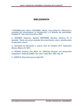 ENSAYO: “SOCIEDAD DEL CONOCIMIENTO Y EDUCACIÓN ¿RETO O DERECHO?”




                                      BIBLIOGRAFIA



1.-PICARDO,Joao, Oscar / ESCOBAR, Baños, Juan Carlos En “Educación y
sociedad del conocimiento: la introducción a la filosofía del aprendizaje.
Capitulo III” San José Costa Rica, 2002.

2.- BUENDÍA, Espinosa, Agustín/ MARTÍNEZ, Sánchez, América. En el
apartado “Hacia una nueva sociedad de conocimiento: retos y desafíos para
la educación virtual”.

3.- Secretaria de Educación y cultura. Plan de estudios 2011. Educación
Básica. México D.F 2011.

4.- PICADO, Godínez, Flor María. En “Didáctica General: una perspectiva
integradora” Editorial EUNED. San José, Costa Rica. 2002. Pág. 84

5.- UNESCO. Educación para el siglo XXI.



      La sociedad de la Información y la sociedad del conocimiento son dos conceptos que a menudo son
      utilizados de una manera acrítica. La sociedad de la información hace referencia a la creciente capacidad
      tecnológica para almacenar cada vez más información




DOCTORADO EN GESTION EDUCATICA                                MATERIA: SOCIEDAD DEL CONOCIMIENTO
 