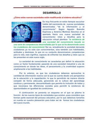 ENSAYO: “SOCIEDAD DEL CONOCIMIENTO Y EDUCACIÓN ¿RETO O DERECHO?”




                                   DESARROLLO
¿Cómo estas nuevas sociedades están modificando al sistema educativo?

                                 Es muy frecuente en estos tiempos escuchar
                                 hablar del nacimiento de nuevas sociedades
                                 denominadas “de la información y el
                                 conocimiento” Según Agustín Buendía
                                 Espinosa y América Martínez Sánchez en el
                                 apartado Hacia una nueva sociedad de
                                 conocimiento: retos y desafíos para la
                                 educación virtual plantean “la existencia de
                                 una sociedad del conocimiento basada en
una serie de competencias desarrolladas por lo que se ha denominado como
los ciudadanos del conocimiento”Así es, actualmente la sociedad demanda
ciudadanos ya no solo con conocimientos, sino también con habilidades,
actitudes y destrezas, lo que en su conjunto denominamos competencias
para la vida, esto significa, capaces de enfrentar los desafíos y retos que se
les presenten en este nuevo siglo.

      La sociedad de conocimiento se caracteriza por definir la educación
como un factor fundamental, pasando de una sociedad industrial a una de
conocimiento en donde las ideas, el pensamiento y la creatividad superen
ampliamente a las habilidades.

      Por lo anterior, es que los ciudadanos debemos aprovechar la
cantidad de información masiva con la que se cuenta desde una perspectiva
de la educación y la capacitación, lo que le permitirán de manera directa
competir de forma adecuada, generando así la cultura del aprendizaje
continuo y permanente, descentralizado que permita la inclusión de todos y
que reconozca las diferencias sociales para permitir la existencia de
oportunidades en igualdad de condiciones.

      A continuación se presenta un esquema en el que se plasma la
función de los nuevos tipos de sociedades que existen, pues considero que
forman parte esencial del proceso educativo, por lo que debemos tomarlos
en cuanta en nuestra planeación para tratar así de formar los ciudadanos
del nuevo mundo.




DOCTORADO EN GESTION EDUCATICA                   MATERIA: SOCIEDAD DEL CONOCIMIENTO
 