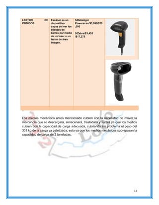 11
LECTOR DE
CÓDIGOS
Escáner es un
dispositivo
capaz de leer los
códigos de
barras por medio
de un láser o un
lector de área
Imagen.
5/Datalogic
Powerscan/$3,999/$20
,000
5/Zebra/$3,455
/$17,275
Los medios mecánicos antes mencionado cubren con la necesidad de mover la
mercancía que se descargará, almacenará, trasladará y surtirá ya que los medios
cubren con la capacidad de carga adecuada, cubriendo sin problema el peso del
331 kg de la carga ya paletizada; esto ya que los medios mecánicos sobrepasan la
capacidad de carga de 2 toneladas.
 