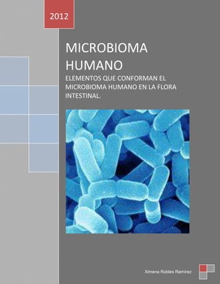 2012


   MICROBIOMA
   HUMANO
   ELEMENTOS QUE CONFORMAN EL
   MICROBIOMA HUMANO EN LA FLORA
   INTESTINAL.




                       Ximena Robles Ramírez
 