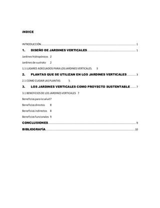 íNDICE
INTRODUCCIÓN......................................................................................................................... 1
1. DISEÑO DE JARDINES VERTICALES.............................................................. 1
Jardineshidropónicos 2
Jardinesde sustrato 2
1.1 LUGARES ADECUADOS PARA LOSJARDINESVERTICALES. 3
2. PLANTAS QUE SE UTILIZAN EN LOS JARDINES VERTICALES ........... 3
2.1 COMO CUIDAR LASPLANTAS 5
3. LOS JARDINES VERTICALES COMO PROYECTO SUSTENTABLE....... 7
3.1 BENEFICIOSDE LOS JARDINESVERTICALES 7
Beneficiosparalasalud7
Beneficiosdirectos 8
Beneficios indirectos 8
Beneficiosfuncionales 9
CONCLUSIONES................................................................................................................ 9
BIBLIOGRAFÍA..................................................................................................................10
 