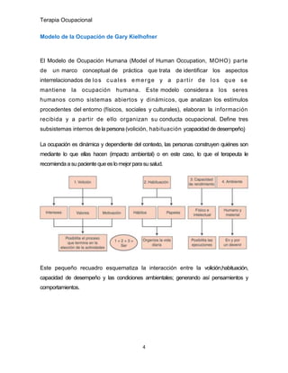 Terapia Ocupacional
4
Modelo de la Ocupación de Gary Kielhofner
El Modelo de Ocupación Humana (Model of Human Occupation, MOHO) parte
de un marco conceptual de práctica que trata de identificar los aspectos
interrelacionados de los cuales emerge y a partir de los que se
mantiene la ocupación humana. Este modelo considera a los seres
humanos como sistemas abiertos y dinámicos, que analizan los estímulos
procedentes del entorno (físicos, sociales y culturales), elaboran la información
recibida y a partir de ello organizan su conducta ocupacional. Define tres
subsistemas internos de la persona (volición, habituación ycapacidadde desempeño)
La ocupación es dinámica y dependiente del contexto, las personas construyen quiénes son
mediante lo que ellas hacen (impacto ambiental) o en este caso, lo que el terapeuta le
recomienda a su paciente que eslomejorpara su salud.
Este pequeño recuadro esquematiza la interacción entre la volición,habituación,
capacidad de desempeño y las condiciones ambientales; generando así pensamientos y
comportamientos.
 