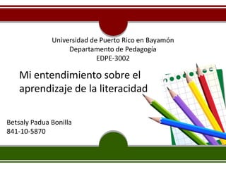 Universidad de Puerto Rico en Bayamón
                   Departamento de Pedagogía
                            EDPE-3002

    Mi entendimiento sobre el
    aprendizaje de la literacidad

Betsaly Padua Bonilla
841-10-5870
 