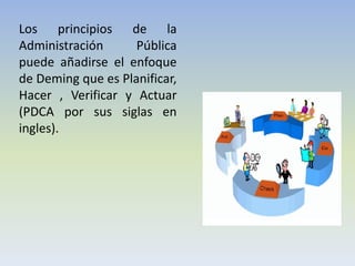 Los principios de la Administración Pública puede añadirse el enfoque de Deming que es Planificar, Hacer , Verificar y Actuar (PDCA por sus siglas en ingles). 
 