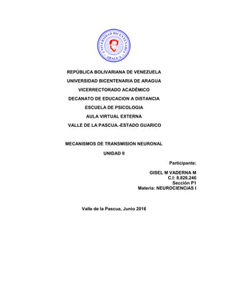 REPÚBLICA BOLIVARIANA DE VENEZUELA
UNIVERSIDAD BICENTENARIA DE ARAGUA
VICERRECTORADO ACADÉMICO
DECANATO DE EDUCACION A DISTANCIA
ESCUELA DE PSICOLOGIA
AULA VIRTUAL EXTERNA
VALLE DE LA PASCUA.-ESTADO GUARICO
MECANISMOS DE TRANSMISION NEURONAL
UNIDAD II
Participante:
GISEL M VADERNA M
C.I: 8.826.246
Sección P1
Materia: NEUROCIENCIAS I
Valle de la Pascua, Junio 2016
 