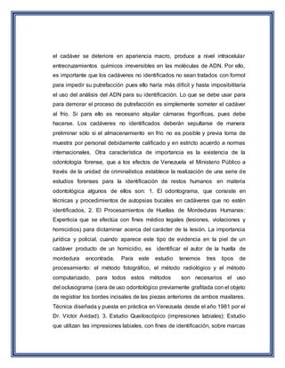 el cadáver se deteriore en apariencia macro, produce a nivel intracelular
entrecruzamientos químicos irreversibles en las moléculas de ADN. Por ello,
es importante que los cadáveres no identificados no sean tratados con formol
para impedir su putrefacción pues ello haría más difícil y hasta imposibilitaría
el uso del análisis del ADN para su identificación. Lo que se debe usar para
para demorar el proceso de putrefacción es simplemente someter el cadáver
al frío. Si para ello es necesario alquilar cámaras frigoríficas, pues debe
hacerse. Los cadáveres no identificados deberán sepultarse de manera
preliminar sólo si el almacenamiento en frío no es posible y previa toma de
muestra por personal debidamente calificado y en estricto acuerdo a normas
internacionales. Otra característica de importancia es la existencia de la
odontología forense, que a los efectos de Venezuela el Ministerio Público a
través de la unidad de criminalística establece la realización de una serie de
estudios forenses para la identificación de restos humanos en materia
odontológica algunos de ellos son: 1. El odontograma, que consiste en
técnicas y procedimientos de autopsias bucales en cadáveres que no estén
identificados, 2. El Procesamientos de Huellas de Mordeduras Humanas:
Experticia que se efectúa con fines médico legales (lesiones, violaciones y
homicidios) para dictaminar acerca del carácter de la lesión. La importancia
jurídica y policial, cuando aparece este tipo de evidencia en la piel de un
cadáver producto de un homicidio, es identificar el autor de la huella de
mordedura encontrada. Para este estudio tenemos tres tipos de
procesamiento: el método fotográfico, el método radiológico y el método
computarizado, para todos estos métodos son necesarios el uso
del oclusograma (cera de uso odontológico previamente grafitada con el objeto
de registrar los bordes incisales de las piezas anteriores de ambos maxilares.
Técnica diseñada y puesta en práctica en Venezuela desde el año 1981 por el
Dr. Víctor Avidad). 3. Estudio Queiloscópico (impresiones labiales): Estudio
que utilizan las impresiones labiales, con fines de identificación, sobre marcas
 