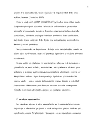 5
entorno de la autorrealización, la autoconciencia y la responsabilidad de los actos
volitivos humanos (Hernández, 1997).
Como lo señala ANA MARIA OROZCO SANTA MARIA, en su módulo cuadro
comparativo-paradigmas educativos la educación está centrada en que se deben
acompañar a los educandos durante su desarrollo, educar para el trabajo, desarrollar
conocimiento, habilidades que hagan ciudadanos productivos. Seres con iniciativa,
individuales únicos y diferente de los demás, tiene potencialidades, poseen afectos,
intereses y valores particulares.
Son personas totales, no fragmentadas. Trabajar en su autorrealización en todas las
esferas de su la personalidad, inician su aprendizaje significativo y soluciona problemas
creativamente.
En este sentido los estudiantes por tener iniciativa, saben que es lo que quieren a
provechando sus potencialidades, son autónomos, seres productivos, eficientes para
enfrentarse a un mundo que lo espera, para desempeñarse laboralmente como un ser
independiente realizado, digno de su aprendizaje significativo que lo enaltece en
valores, legado que es producto de la educación obtenida dejando la posibilidad
desempeñarse eficientemente para finalmente encontrar el confort como persona
realizada en un mundo globalizado, gracias a los paradigmas educativos.
El paradigma constructivista
Los piagetianos otorgan al sujeto un papel activo en el proceso del conocimiento.
Supone que la información que provee el medio es importante pero no suficiente para
que el sujeto conozca. Por el contrario y de acuerdo con los racionalistas, consideran
 