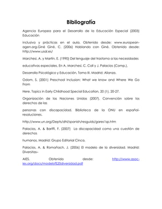 Bibliografía
Agencia Europea para el Desarrollo de la Educación Especial (2003)
Educación

inclusiva y prácticas en el aula. Obtenido desde: www.european-
agen.org.Giné Giné, C. (2006) Hablando con Giné. Obtenido desde:
http://www.usal.es/

Marchesi, A. y Martín, E. (1990) Del lenguaje del trastorno a las necesidades

educativas especiales. En A. Marchesi, C. Coll y J. Palacios (Comp.),

Desarrollo Psicológico y Educación, Tomo III. Madrid: Alianza.

Odom, S. (2001) Preschool Inclusion: What we know and Where We Go
From

Here. Topics in Early Childhood Special Education, 20 (1), 20-27.

Organización de las Naciones Unidas (2007). Convención sobre los
derechos de las

personas con     discapacidad.     Biblioteca   de   la   ONU    en   español-
resoluciones.

http://www.un.org/Depts/dhl/spanish/resguids/gares1sp.htm

Palacios, A. & Bariffi, F. (2007) La discapacidad como una cuestión de
derechos

humanos. Madrid: Grupo Editorial Cinca.

Palacios, A. & Romañach, J. (2006) El modelo de la diversidad. Madrid:
Diversitas–

AIES.          Obtenido             desde:                  http://www.asoc-
ies.org/docs/modelo%20diversidad.pdf
 