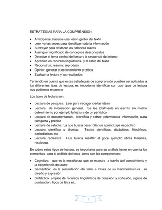 3
ESTRATEGIAS PARA LA COMPRENSION
Anticiparse, hacerse una visión global del texto
Leer varias veces para identificar toda la información
Subrayar para destacar las palabras claves
Averiguar significado de conceptos desconocidos
Detectar el tema central del texto y la secuencia del mismo
Apreciar los recursos lingüísticos y el estilo del texto
Reconstruir, resumir, reproducir
Opinar, generar cuestionamiento y critica
Evaluar la lectura y los resultados
Teniendo en cuenta que estas estrategias de comprensión pueden ser aplicadas a
los diferentes tipos de lectura, es importante identificar con que tipos de lectura
nos podemos encontrar
Los tipos de lectura son:
Lectura de pesquisa. Leer para recoger ciertas ideas
Lectura de información general. Se lee totalmente un escrito sin mucho
detenimiento por ejemplo la lectura de un periódico
Lectura de documentación. Identifica y extrae determinada información, clara
completa y precisa
Lectura de estudio. La que busca desarrollar un aprendizaje especifico
Lectura científica o técnica. Textos científicos, didácticos, filosóficos,
periodísticos etc.
Lectura recreativa. Que busca resaltar el goce ejemplo obras literarias,
históricas
En todos estos tipos de lectura, es importante para su análisis tener en cuenta los
elementos para el análisis del texto como son los componentes:
Cognitivo: que es la enseñanza que se muestra a través del conocimiento y
la experiencia del autor
Semántico: es la sustentación del tema a través de su macroestructura , su
diseño y expresión
Sintáctico: empleo de recursos lingüísticos de conexión y cohesión, signos de
puntuación, tipos de letra etc.
 