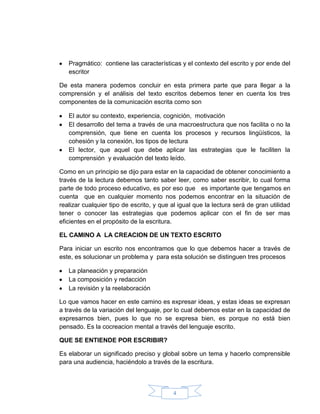 4
Pragmático: contiene las características y el contexto del escrito y por ende del
escritor
De esta manera podemos concluir en esta primera parte que para llegar a la
comprensión y el análisis del texto escritos debemos tener en cuenta los tres
componentes de la comunicación escrita como son
El autor su contexto, experiencia, cognición, motivación
El desarrollo del tema a través de una macroestructura que nos facilita o no la
comprensión, que tiene en cuenta los procesos y recursos lingüísticos, la
cohesión y la conexión, los tipos de lectura
El lector, que aquel que debe aplicar las estrategias que le faciliten la
comprensión y evaluación del texto leído.
Como en un principio se dijo para estar en la capacidad de obtener conocimiento a
través de la lectura debemos tanto saber leer, como saber escribir, lo cual forma
parte de todo proceso educativo, es por eso que es importante que tengamos en
cuenta que en cualquier momento nos podemos encontrar en la situación de
realizar cualquier tipo de escrito, y que al igual que la lectura será de gran utilidad
tener o conocer las estrategias que podemos aplicar con el fin de ser mas
eficientes en el propósito de la escritura.
EL CAMINO A LA CREACION DE UN TEXTO ESCRITO
Para iniciar un escrito nos encontramos que lo que debemos hacer a través de
este, es solucionar un problema y para esta solución se distinguen tres procesos
La planeación y preparación
La composición y redacción
La revisión y la reelaboración
Lo que vamos hacer en este camino es expresar ideas, y estas ideas se expresan
a través de la variación del lenguaje, por lo cual debemos estar en la capacidad de
expresarnos bien, pues lo que no se expresa bien, es porque no está bien
pensado. Es la cocreacion mental a través del lenguaje escrito.
QUE SE ENTIENDE POR ESCRIBIR?
Es elaborar un significado preciso y global sobre un tema y hacerlo comprensible
para una audiencia, haciéndolo a través de la escritura.
 