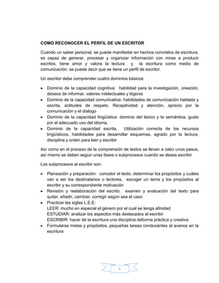 5
COMO RECONOCER EL PERFIL DE UN ESCRITOR
Cuando un saber personal, se puede manifestar en hechos concretos de escritura,
es capaz de generar, procesar y organizar información con miras a producir
escritos, tiene amor y valora la lectura y la escritura como medio de
comunicación, se puede decir que se tiene un perfil de escritor.
Un escritor debe comprender cuatro dominios básicos
Dominio de la capacidad cognitiva: habilidad para la investigación, creación,
deseos de informar, valores intelectuales y lógicos
Dominio de la capacidad comunicativa: habilidades de comunicación hablada y
escrita, actitudes de respeto. Receptividad y atención, aprecio por la
comunicación y el dialogo
Dominio de la capacidad lingüística: dominio del léxico y la semántica, gusto
por el adecuado uso del idioma.
Dominio de la capacidad escrita. Utilización correcta de los recursos
lingüísticos, habilidades para desarrollar esquemas, agrado por la lectura,
disciplina y orden para leer y escribir
Así como en el proceso de la comprensión de textos se llevan a cabo unos pasos,
así mismo se deben seguir unas fases o subprocesos cuando se desea escribir
Los subprocesos al escribir son:
Planeación y preparación: concebir el texto, determinar los propósitos y cuáles
van a ser los destinatarios o lectores, escoger un tema y los propósitos al
escribir y su correspondiente motivación
Revisión y reelaboración del escrito: examen y evaluación del texto para
quitar, añadir, cambiar, corregir según sea el caso
Practicar las siglas L.E.E:
LEER: mucho en especial el género por el cual se tenga afinidad
ESTUDIAR: analizar los aspectos más destacados al escribir
ESCRIBIR: hacer de la escritura una disciplina deforma práctica y creativa
Formularse metas y propósitos, pequeñas tareas conducentes al avance en la
escritura
 