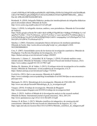 x1m6CvFMVMynUiWXzQKjmu6XdWd3S~4QIT8SBuy3D5HvXo2AhkgEOUwIuEX6if0Ra6h
LB2wYWT9MEjVyg0yuN6Bg9TuYvD2Ar2XwHDhAU4Vk8vNqRfM8VRR6xMw__&Key-
Pair-Id=APKAJLOHF5GGSLRBV4ZA
Reinhardt, N. (2010). Infografía Didáctica: producción interdisciplinaria de infografías didácticas
para la diversidad cultural. Obtenido de Scielo:
http://www.scielo.org.ar/pdf/ccedce/n31/n31a03.pdf
Valero, J. (2010). La infografía: técnicas, análisis y usos periodísticos. Obtenido de Universidad
de València:
https://books.google.es/books?hl=es&lr=&id=mJ0RgAT8guMC&oi=fnd&pg=PA96&dq=La+inf
ograf%C3%ADa+:+t%C3%A9cnicas,+an%C3%A1lisis+y+usos+period%C3%ADsticos&ots=y
Lch5SoN6G&sig=GwyKTe5yJB24aX0DjjN9oQvUzk8#v=onepage&q=La%20infograf%C3%A
Da%20%3A%20t%C3%A9cnicas%2C%
Sánchez, I. (2003). Elementos conceptuales básicos del proceso de enseñanza-aprendizaje.
Obtenido de Scielo: http://scielo.sld.cu/scielo.php?script=sci_arttext&pid=s1024-
94352003000600018
Cruz, F. (2007). Generalidades acerca de las técnicas de investigación cuantitativa. Obtenido de
Paradigmas: Una Revista Disciplinar de Investigación, 2(1), 9-39:
https://dialnet.unirioja.es/servlet/articulo?codigo=4942053
Echavarría, J., Gómez, C., Aristazábal, M. & Vanegas, J. (2010). El método analítico como
método natural. Obtenido de Nómadas. Critical Journal of Social and Juridical Sciences, 25(1):
https://www.redalyc.org/pdf/181/18112179017.pdf
Medina, M., Quintero, M. & Valdez, J. (2013). El enfoque mixto de investigación en los estudios
fiscales. Obtenido de Tlatemoani: revista académica de investigación, (13), 8:
https://dialnet.unirioja.es/servlet/articulo?codigo=7325416
Eval & Go. (2021). Qué es una encuesta. Obtenido de Eval&GO:
https://www.evalandgo.com/es/ayuda/blog/Actualidades-Eval-GO/366/Que-es-una-encuesta-y-
para-que-sirve
Marroquín, R. (2012). Metodología de la investigación. Obtenido de UNE-EDU-PE:
http://www.une.edu.pe/Sesion04-Metodologia_de_la_investigacion.pdf
Vásquez. (2010). El trabajo de investigación. Obtenido de Blogsport:
http://mireyavasquez.blogspot.com/2010/05/el-trabajo-de-investigacion.html
Abreu, J. (2015). Análisis al Método de la Investigación analysis to the research method.
Obtenido de Daena: International journal of good conscience, 10(1), 205-214:
http://www.spentamexico.org/v10-n1/A14.10(1)205-214.pdf
Jiménez, R. & Pérez, J. (2017). Métodos científicos de indagación y de construcción del
conocimiento. Obtenido de Revista Escuela de Administración de negocios, 82, 1-26:
https://apps.utel.edu.mx/recursos/files/r161r/w25493w/Metodos_cientificos_de_indagacion.pdf
 