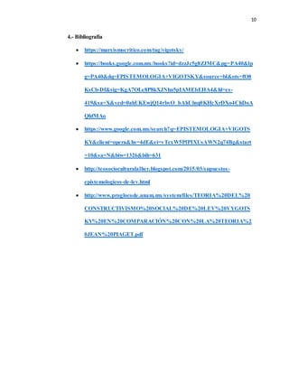 10
4.- Bibliografía
 https://marxismocritico.com/tag/vigotsky/
 https://books.google.com.mx/books?id=dzzJc5g8ZJMC&pg=PA40&lp
g=PA40&dq=EPISTEMOLOGIA+VIGOTSKY&source=bl&ots=fO8
KsCb-Df&sig=KgA7OLe8P8kXJNha5pIAMEbEHA4&hl=es-
419&sa=X&ved=0ahUKEwjQ14rbvO_bAhUlnq0KHcXrDXo4ChDoA
QhfMAo
 https://www.google.com.mx/search?q=EPISTEMOLOGIA+VIGOTS
KY&client=opera&hs=4dE&ei=vTcxW5PfPIXUsAWN2q74Bg&start
=10&sa=N&biw=1326&bih=631
 http://teosocioculturalalher.blogspot.com/2015/03/supuestos-
epistemologicos-de-lev.html
 http://www.proglocode.unam.mx/system/files/TEORIA%20DEL%20
CONSTRUCTIVISMO%20SOCIAL%20DE%20LEV%20VYGOTS
KY%20EN%20COMPARACIÓN%20CON%20LA%20TEORIA%2
0JEAN%20PIAGET.pdf
 