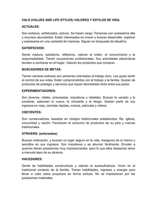 VALS (VALUES AND LIFE STYLES) VALORES Y ESTILOS DE VIDA.
ACTUALES:
Son exitosos, sofisticados, activos. Se hacen cargo. Personas con autoestima alta
y recursos abundantes. Están interesados en crecer y buscan desarrollar, explorar
y expresarse en una variedad de maneras. Siguen en búsqueda de desafíos.
SATISFECHOS:
Gente madura, satisfecha, reflexivos, valoran el orden, el conocimiento y la
responsabilidad. Tienen ocupaciones profesionales. Sus actividades placenteras
tienden a centrarse en el hogar. Valoran los productos que compran.
BUSCADORES DE METAS:
Tienen carreras exitosas son personas orientadas al trabajo duro. Les gusta sentir
el control de sus vidas. Están comprometidos con el trabajo y la familia. Gustan de
productos de prestigio y servicios que hayan demostrado éxito entre sus pares.
EXPERIMENTADORES:
Son jóvenes, vitales, entusiastas, impulsivos y rebeldes. Buscan lo variado y lo
excitante, saborean lo nuevo, lo chocante y el riesgo. Gastan parte de sus
ingresos en ropa, comidas rápidas, música, películas y videos.
CREYENTES:
Son conservadores, basados en códigos tradicionales establecidos: flia, iglesia,
comunidad y nación. Favorecen el consumo de productos de su país y marcas
tradicionales.
STRIVERS: (esforzados)
Buscan motivación, y buscan un lugar seguro en la vida. Inseguros de si mismo y
sencillos en sus ingresos. Son impulsivos y se aburren fácilmente. Emulan a
quienes tienen posesiones muy impresionantes, pero lo que ellos desearían tener
a menudo lejos de su alcance.
HACEDORES:
Gente de habilidades constructivas y valoran la autosuficiencia. Viven en el
tradicional contexto de la familia. Tienen habilidades, ingresos y energía para
llevar a cabo estos proyectos en forma exitosa. No se impresionan por las
posesiones materiales.
 