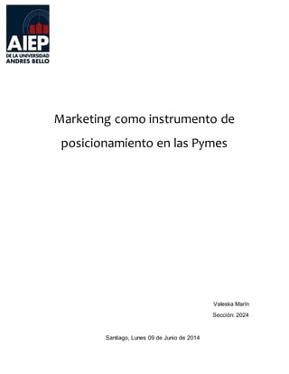 Marketing como instrumento de
posicionamiento en las Pymes
Valeska Marín
Sección: 2024
Santiago, Lunes 09 de Junio de 2014
 