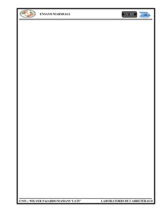CIV-325 21
UNIV.: WILVER FAJARDO MAMANI ‘UATF’ LABORATORIO DE CARRETERAS II
ENSAYO MARSHALL
 