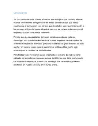 Conclusiones
La conclusión que pude obtener al realizar este trabajo es que contrario a lo que
muchos creen el maíz transgénico no es dañino para la salud ya que no hay
estudios que lo demuestren y es por eso que debe haber una mayor información a
las personas sobre este tipo de alimentos para que así no haya más creencias al
respecto y puedan consumirlos libremente.
Por otro lado las oportunidades de trabajo para los agricultores cada vez
disminuyen más por el establecimiento de nuevas empresas transnacionales de
alimentos transgénicos en Puebla pero esto es debido a la gran demanda de maíz
que hay en nuestro estado pues la gastronomía poblana utiliza mucho este
alimento para el consumo de sus habitantes.
Para finalizar cabe mencionar que es importante el consumo de maíz nacional
cultivado por agricultores mexicanos aunque también hay que darle oportunidad a
los alimentos transgénicos pues es una tecnología que ha tenido muy buenos
resultados en Puebla, Mèxico y en el mundo entero.
 