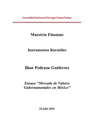 Maestría Finanzas
Instrumentos Bursátiles
Ilian Pedraza Gutiérrez
Ensayo “Mercado de Valores
Gubernamentales en México”
24 julio 2016
 