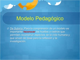 Modelo PedagógicoDe Subiría :Para la comprensión de un modelo es importante reconocer las huellas o rastros que permiten reconstruir aspectos de la vida humana y que sirven de base para la reflexión y la investigación. 