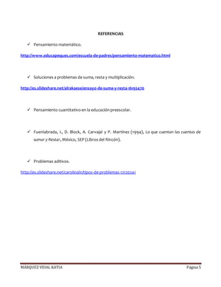 MÁRQUEZ VIDAL KATIA Página 5
REFERENCIAS
 Pensamiento matemático.
http://www.educapeques.com/escuela-de-padres/pensamiento-matematico.html
 Soluciones a problemas de suma, resta y multiplicación.
http://es.slideshare.net/alrakaese/ensayo-de-suma-y-resta-16193470
 Pensamiento cuantitativo en la educación preescolar.
 Fuenlabrada, I., D. Block, A. Carvajal y P. Martínez (1994), Lo que cuentan las cuentas de
sumar y Restar, México, SEP (Libros del Rincón).
 Problemas aditivos.
http://es.slideshare.net/carolinaln/tipos-de-problemas-12120241
 