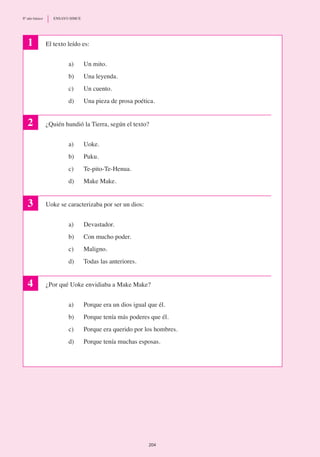 El texto leído es:
a)	 Un mito.
b)	 Una leyenda.
c)	 Un cuento.
d)	 Una pieza de prosa poética.
¿Quién hundió la Tierra, según el texto?
a)	 Uoke.
b)	 Puku.
c)	 Te-pito-Te-Henua.
d)	 Make Make.
Uoke se caracterizaba por ser un dios:
a)	 Devastador.
b)	 Con mucho poder.
c)	 Maligno.
d)	 Todas las anteriores.
¿Por qué Uoke envidiaba a Make Make?
a)	 Porque era un dios igual que él.
b)	 Porque tenía más poderes que él.
c) 	 Porque era querido por los hombres.
d)	 Porque tenía muchas esposas.
1
2
3
4
204
8º año básico	 ENSAYO SIMCE
 