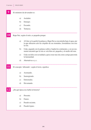 El sinónimo de devastador es:
a)	 Asolador.
b)	 Emerger.
c)	 Fecundo.
d)	 Tortuoso.
Rapa Nui, según el mito, es pequeño porque:
a)	 AUoke se le quebró la palanca y Rapa Nui se encontraba bajo el agua, por
lo que afloraron solo las cúspides de sus montañas, formándose con esto
la isla.
b)	 Uoke, jugando con la palanca subía y bajaba los continentes, y en un mo-
mento encontró que la isla se veía bien así, pequeña y al medio del mar.
c)	 Uoke era feliz con su maldad y quiso crear una isla como castigo para toda
la humanidad.
d) 	 Alternativas a y c.
El concepto ‘aflorando’, según el texto, significa:
a)	 Asomando.
b)	 Sumergiendo.
c)	 Entremedio.
d)	 Devastando.
¿De qué época nos habla la historia?
a)	 Presente.
b)	 Futuro.
c) 	 Pasado reciente.
d) 	 Pasado lejano.
9
10
11
12
206
8º año básico	 ENSAYO SIMCE
 