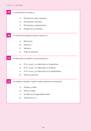 La estructura de un cuento es:
a)	 Presentación, nudo y desenlace.
b)	 Presentación y desenlace.
c) 	 Presentación y argumentación.
d)	 Ninguna de las anteriores.
La función del lenguaje del género narrativo es:
a)	 Referencial.
b)	 Expresiva.
c)	 Apelativa.
d)	 Todas las anteriores.
Se tildan todas las palabras cuya terminación es:
a)	 N, S o vocal, y su sílaba tónica es la penúltima.
b)	 N, S o vocal, y su sílaba tónica es la última.
c)	 N, S o vocal, y su sílaba tónica es la antepenúltima.
d)	 Todas las anteriores.
Las palabras esdrújulas, según las reglas generales de acentuación:
a)	 Siempre se tildan.
b)	 Nunca se tildan.
c)	 Se tildan en la antepenúltima sílaba.
d)	 Alternativas a y c.
30
31
29
32
120
8º año básico	 ENSAYO SIMCE
 