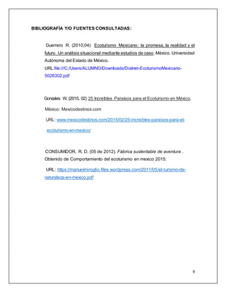 9
BIBLIOGRAFÍA Y/O FUENTES CONSULTADAS:
Guerrero R. (2010,04) Ecoturismo Mexicano: la promesa, la realidad y el
futuro. Un análisis situacional mediante estudios de caso. México. Universidad
Autónoma del Estado de México.
URL:file:///C:/Users/ALUMNO/Downloads/Dialnet-EcoturismoMexicano-
5026302.pdf
Gonzales W. (2015, 02) 25 Increíbles Paraísos para el Ecoturismo en México.
México: Mexicodestinos.com
URL: www.mexicodestinos.com/2015/02/25-increibles-paraisos-para-el-
ecoturismo-en-mexico/
CONSUMIDOR, R. D. (05 de 2012). Fábrica sustentable de aventura .
Obtenido de Comportamiento del ecoturismo en mexico 2015:
URL: https://manuelmiroglio.files.wordpress.com/2011/05/el-turismo-de-
naturaleza-en-mexico.pdf
 