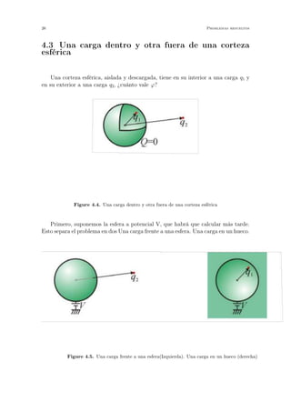 4.3 Una carga dentro y otra fuera de una corteza
esférica
Una corteza esférica, aislada y descargada, tiene en su interior a una carga q1 y
en su exterior a una carga q2, ¿cuánto vale ϕ?
Figure 4.4. Una carga dentro y otra fuera de una corteza esférica
Primero, suponemos la esfera a potencial V, que habrá que calcular más tarde.
Esto separa el problema en dos Una carga frente a una esfera. Una carga en un hueco.
Figure 4.5. Una carga frente a una esfera(Izquierda). Una carga en un hueco (derecha)
26 Problemas resueltos
 