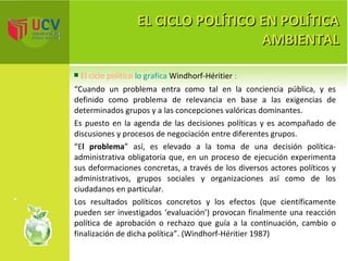 EL CICLO POLÍTICO EN POLÍTICA AMBIENTAL El ciclo político  lo grafica  Windhorf-Héritier  : “ Cuando un problema entra como tal en la conciencia pública, y es definido como problema de relevancia en base a las exigencias de determinados grupos y a las concepciones valóricas dominantes.  Es puesto en la agenda de las decisiones políticas y es acompañado de discusiones y procesos de negociación entre diferentes grupos.  “ E l problema ” así, es elevado a la toma de una decisión política-administrativa obligatoria que, en un proceso de ejecución experimenta sus deformaciones concretas, a través de los diversos actores políticos y administrativos, grupos sociales y organizaciones así como de los ciudadanos en particular.  Los resultados políticos concretos y los efectos (que científicamente pueden ser investigados ‘evaluación’) provocan finalmente una reacción política de aprobación o rechazo que guía a la continuación, cambio o finalización de dicha política”. (Windhorf-Héritier 1987) 