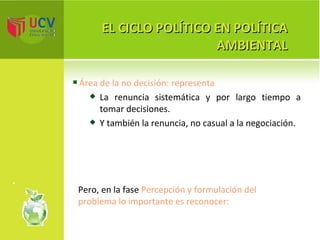 EL CICLO POLÍTICO EN POLÍTICA AMBIENTAL Área de la no decisión: representa  La renuncia sistemática y por largo tiempo a tomar decisiones. Y también la renuncia, no casual a la negociación. Pero, en la fase  Percepción y formulación del problema lo importante es reconocer: 