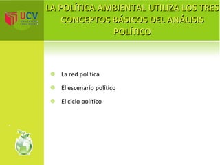 LA POLÍTICA AMBIENTAL UTILIZA LOS TRES CONCEPTOS BÁSICOS DEL ANÁLISIS POLÍTICO La red política El escenario político El ciclo político 