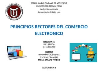 REPUBLICA BOLIVARIANA DE VENEZUELA
UNIVERSIDAD FERMIN TORO
Núcleo Barquisimeto
Barquisimeto, Estado Lara
PRINCIPIOS RECTORES DEL COMERCIO
ELECTRONICO
INTEGRANTE:
LUIS ARCIDA
CI: 15.668.410
MATERIA
INFORMATICA JURIDICA
Prof. EMILY RAMIREZ
TAREA: ENSAYO Y VIDEO
SECCION SAIA-E
 