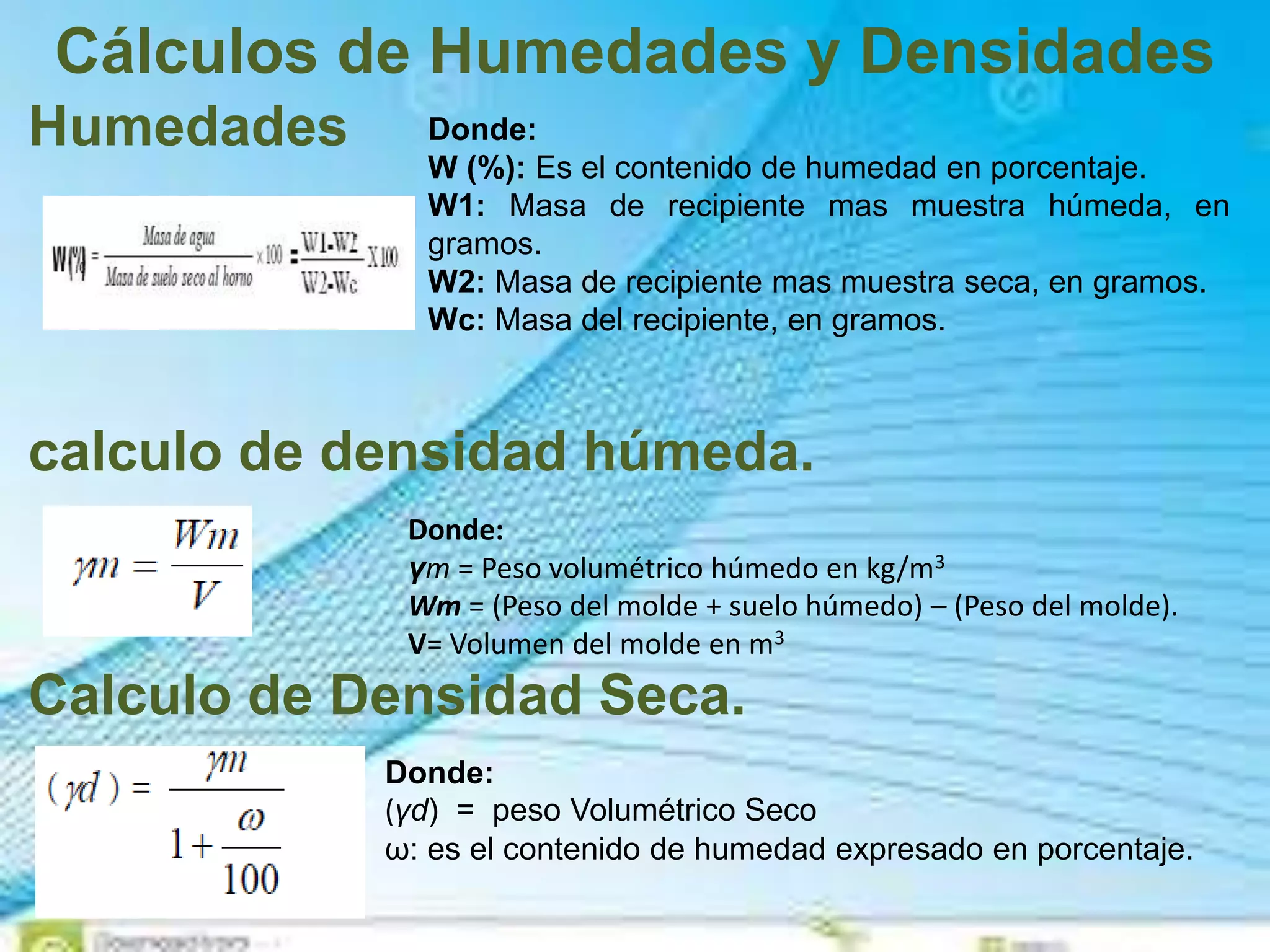 Cálculos de Humedades y Densidades
Humedades
calculo de densidad húmeda.
Calculo de Densidad Seca.
Donde:
W (%): Es el contenido de humedad en porcentaje.
W1: Masa de recipiente mas muestra húmeda, en
gramos.
W2: Masa de recipiente mas muestra seca, en gramos.
Wc: Masa del recipiente, en gramos.
Donde:
γm = Peso volumétrico húmedo en kg/m3
Wm = (Peso del molde + suelo húmedo) – (Peso del molde).
V= Volumen del molde en m3
Donde:
(γd) = peso Volumétrico Seco
ω: es el contenido de humedad expresado en porcentaje.
 