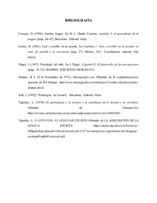 BIBLIOGRAFÍA
Cassany, D. (1994). Enseñar lengua. En M. L. Daniel Cassany, capitulo 3: el aprendizaje de la
lengua (págs. 44-45). Barcelona: Editorial Graó.
Lerner, D. (2001). Leer y escribir en la escuela. En Capitulo 1: Leer y escribir en la escuela: lo
real, ¡lo posible y lo necesario! (pág. 27). México, D.F.: Coordinación editorial Elia
Garcia.
Piaget, J. (1997). Psicología del niño. En J. Piaget, Capitulo II: El desarrollo de las percepciones
(págs. 38-52). MADRID: EDICIONES MORANATA.
Skinner, B. F. (8 de Noviembre de 1971). Monografias.com. Obtenido de El condicionamiento
operante de B.F.Skinner: http://www.monografias.com/trabajos15/condic-skinner/condic-
skinner.shtml
Solé, I. (1992). "Estrategias de Lectura". Barcelona: Editorial Graó.
Vigotsky, L. (1978). El aprendizaje y la lectura y la enseñanza de le lectura y la escritura.
Obtenido de Enunciación:
https://revistas.udistrital.edu.co/ojs/index.php/enunc/article/view/2480/3463
Vigotsky, L. S. (1935/1938). EL LENGUAJE ESCRITO. Obtenido de LA ADQUISICIÓN DE LA
LENGUA ESCRITA: https://media.utp.edu.co/referencias-
bibliograficas/uploads/referencias/articulo/1127-la-concepcion-vygotskiana-del-lenguaje-
escritopdf-mp06O-articulo.pdf
 