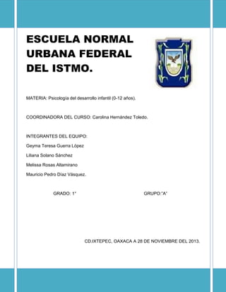 ESCUELA NORMAL
URBANA FEDERAL
DEL ISTMO.
MATERIA: Psicología del desarrollo infantil (0-12 años).

COORDINADORA DEL CURSO: Carolina Hernández Toledo.

INTEGRANTES DEL EQUIPO:
Geyma Teresa Guerra López
Liliana Solano Sánchez
Melissa Rosas Altamirano
Mauricio Pedro Díaz Vásquez.

GRADO: 1°

GRUPO:”A”

CD.IXTEPEC, OAXACA A 28 DE NOVIEMBRE DEL 2013.

1

 