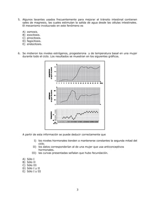 5. Algunos laxantes usados frecuentemente para mejorar el tránsito intestinal contienen
sales de magnesio, las cuales estimulan la salida de agua desde las células intestinales.
El mecanismo involucrado en este fenómeno es
A) osmosis.
B) exocitosis.
C) pinocitosis.
D) fagocitosis.
E) endocitosis.
6. Se midieron los niveles estrógenos, progesterona y de temperatura basal en una mujer
durante todo el ciclo. Los resultados se muestran en los siguientes gráficos.
A partir de esta información se puede deducir correctamente que
I) los niveles hormonales tienden a mantenerse constantes la segunda mitad del
ciclo.
II) los datos corresponderían al de una mujer que usa anticonceptivos
hormonales.
III) las curvas presentadas señalan que hubo fecundación.
A) Sólo I
B) Sólo II
C) Sólo III
D) Sólo I y II
E) Sólo I y III
3
 