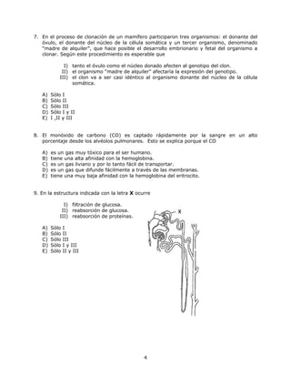 7. En el proceso de clonación de un mamífero participaron tres organismos: el donante del
óvulo, el donante del núcleo de la célula somática y un tercer organismo, denominado
“madre de alquiler”, que hace posible el desarrollo embrionario y fetal del organismo a
clonar. Según este procedimiento es esperable que
I) tanto el óvulo como el núcleo donado afecten al genotipo del clon.
II) el organismo “madre de alquiler” afectaría la expresión del genotipo.
III) el clon va a ser casi idéntico al organismo donante del núcleo de la célula
somática.
A) Sólo I
B) Sólo II
C) Sólo III
D) Sólo I y II
E) I ,II y III
8. El monóxido de carbono (CO) es captado rápidamente por la sangre en un alto
porcentaje desde los alvéolos pulmonares. Esto se explica porque el CO
A) es un gas muy tóxico para el ser humano.
B) tiene una alta afinidad con la hemoglobina.
C) es un gas liviano y por lo tanto fácil de transportar.
D) es un gas que difunde fácilmente a través de las membranas.
E) tiene una muy baja afinidad con la hemoglobina del eritrocito.
9. En la estructura indicada con la letra X ocurre
I) filtración de glucosa.
II) reabsorción de glucosa.
III) reabsorción de proteínas.
A) Sólo I
B) Sólo II
C) Sólo III
D) Sólo I y III
E) Sólo II y III
4
 