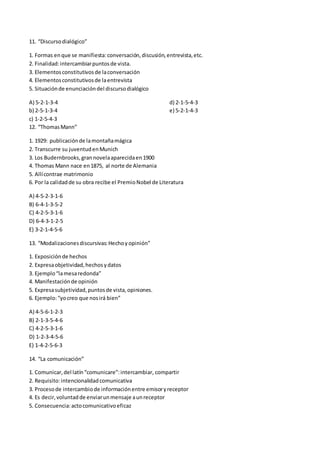 11. “Discursodialógico”
1. Formas enque se manifiesta:conversación,discusión,entrevista,etc.
2. Finalidad:intercambiarpuntosde vista.
3. Elementosconstitutivosde laconversación
4. Elementosconstitutivosde laentrevista
5. Situaciónde enunciacióndel discursodialógico
A) 5-2-1-3-4
b) 2-5-1-3-4
c) 1-2-5-4-3
d) 2-1-5-4-3
e) 5-2-1-4-3
12. “ThomasMann”
1. 1929: publicaciónde lamontañamágica
2. Transcurre su juventudenMunich
3. Los Budernbrooks,grannovelaaparecidaen1900
4. Thomas Mann nace en1875, al norte de Alemania
5. Allícontrae matrimonio
6. Por la calidadde su obra recibe el PremioNobel de Literatura
A) 4-5-2-3-1-6
B) 6-4-1-3-5-2
C) 4-2-5-3-1-6
D) 6-4-3-1-2-5
E) 3-2-1-4-5-6
13. “Modalizacionesdiscursivas:Hechoyopinión”
1. Exposiciónde hechos
2. Expresaobjetividad,hechosydatos
3. Ejemplo“lamesaredonda”
4. Manifestaciónde opinión
5. Expresasubjetividad,puntosde vista,opiniones.
6. Ejemplo:“yocreo que nosirá bien”
A) 4-5-6-1-2-3
B) 2-1-3-5-4-6
C) 4-2-5-3-1-6
D) 1-2-3-4-5-6
E) 1-4-2-5-6-3
14. “La comunicación”
1. Comunicar,del latín“comunicare”:intercambiar, compartir
2. Requisito:intencionalidadcomunicativa
3. Procesode intercambiode informaciónentre emisoryreceptor
4. Es decir,voluntadde enviarunmensaje aunreceptor
5. Consecuencia:actocomunicativoeficaz
 