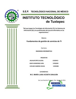 S.E.P. TECNOLÓGICO NACIONAL DE MÉXICO
INSTITUTO TECNOLÓGICO
de Tuxtepec
“Rol que juegan las Tecnologías de Información (TI), los Sistemas de
Información (SI) y los profesionales del área de informática en las
organizaciones.”
Materia:
Fundamentos de gestión de servicios de TI
Carrera:
INGENIERA INFORMÁTICA
PRESENTAN
AGUILAR ORTIZ JULISSA. 13350415
ANAYA MANZANO JUAN. 13350283
AVELINO CABRERA OSCAR. 13350288
CATEDRÁTICO:
M.C. MARÍA LUISA ACOSTA SANJUÁN
San Juan Bautista Tuxtepec, Oax. Agosto de 2016.
 