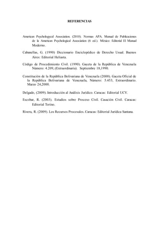 REFERENCIAS
American Psychologycal Association. (2010). Normas APA. Manual de Publicaciones
de la American Psychological Association (6 ed.). México: Editorial El Manual
Moderno.
Cabanellas, G. (1990) Diccionario Enciclopédico de Derecho Usual. Buenos
Aires: Editorial Heliasta.
Código de Procedimiento Civil. (1990). Gaceta de la República de Venezuela
Número: 4.209, (Extraordinaria). Septiembre 18,1990.
Constitución de la República Bolivariana de Venezuela (2000). Gaceta Oficial de
la República Bolivariana de Venezuela, Número: 5.453, Extraordinario.
Marzo 24,2000.
Delgado, (2009). Introducción al Análisis Jurídico. Caracas: Editorial UCV.
Escobar, R. (2003). Estudios sobre Proceso Civil. Casación Civil. Caracas:
Editorial Torino.
Rivera, R. (2009). Los Recursos Procesales. Caracas: Editorial Jurídica Santana.
 