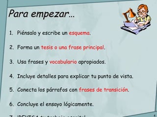 4
Para empezar…Para empezar…
1. Piénsalo y escribe un esquema.
2. Forma un tesis o una frase principal.
3. Usa frases y vocabulario apropiados.
4. Incluye detalles para explicar tu punto de vista.
5. Conecta los párrafos con frases de transición.
6. Concluye el ensayo lógicamente.
 