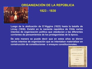 ORGANIZACIÓN DE LA REPÚBLICA 1823 - 1830 Luego de la abdicación de O´Higgins (1823) hasta la batalla de Lircay (1830). Existió en la naciente república de Chile varios intentos de organización política que obedecían a las diferentes corrientes de pensamientos de los protagonistas de la época. De esta manera se puede decir que en estos años se dieron varios intentos de organización que se intentaban materializar en construcción de constituciones  o ensayos constitucionales. 