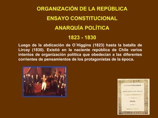 ORGANIZACIÓN DE LA REPÚBLICA
ENSAYO CONSTITUCIONAL
ANARQUÍA POLÍTICA
1823 - 1830
Luego de la abdicación de O´Higgins (1823) hasta la batalla de
Lircay (1830). Existió en la naciente república de Chile varios
intentos de organización política que obedecían a las diferentes
corrientes de pensamientos de los protagonistas de la época.
 