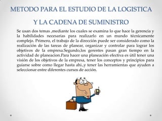 METODO PARA EL ESTUDIO DE LA LOGISTICA
Y LA CADENA DE SUMINISTRO
Se usan dos temas ,mediante los cuales se examina lo que hace la gerencia y
la habilidades necesarias para realizarlo en un mundo técnicamente
complejo. Primero, el trabajo de la dirección puede ser considerado como la
realización de las tareas de planear, organizar y controlar para lograr los
objetivos de la empresa.Segundo,los gerentes pasan gran tiempo en la
actividad de planeacion.Para hacer una planeación efectiva es útil tener una
visión de los objetivos de la empresa, tener los conceptos y principios para
guiarse sobre como llegar hasta ahi.,y tener las herramientas que ayuden a
seleccionar entre diferentes cursos de acción.

 