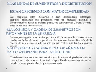 3.LAS LINEAS DE SUMINISTROS Y DE DISTRIBUCION
ESTAN CRECIENDO CON MAYOR COMPLEJIDAD
Las empresas están buscando o han desarrollado estrategias
globales, diseñando sus productos para un mercado mundial y
produciéndolos donde la materia prima, los componentes y mano de obra
pueden hallarse a bajos costos.

4.LA LOGISTICA Y CADENA DE SUMINISTROS SON
IMPORTANTES EN LA ESTRATEGIA
Las empresas gastan mucho tiempo buscando la manera de diferenciar sus
productos de los de sus competidores. Por eso una buena dirección de la
cadena de suministros puede no solo reducir costos, sino también generar
ventas.

5.LA LOGISTICA Y CADENA DE VALOR AÑADEN UN
VALOR IMPORTANTE PARA CADA CLIENTE

Cuando una empresa incurre en el costo de mover el producto hacia el
consumidor o de tener un inventario disponible de manera oportuna ,ha
creado un valor para el cliente que antes no tenia.

 