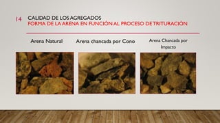 CALIDAD DE LOS AGREGADOS
FORMA DE LA ARENA EN FUNCIÓN AL PROCESO DETRITURACIÓN
Arena Natural
14
Arena chancada por Cono Arena Chancada por
Impacto
 